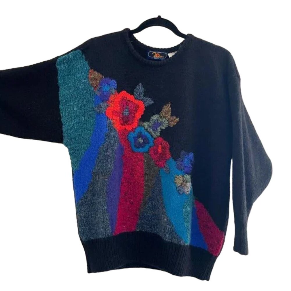 Vintage 80s Mariea Kim 20 Ans Floral Knit Sweater Sz. M